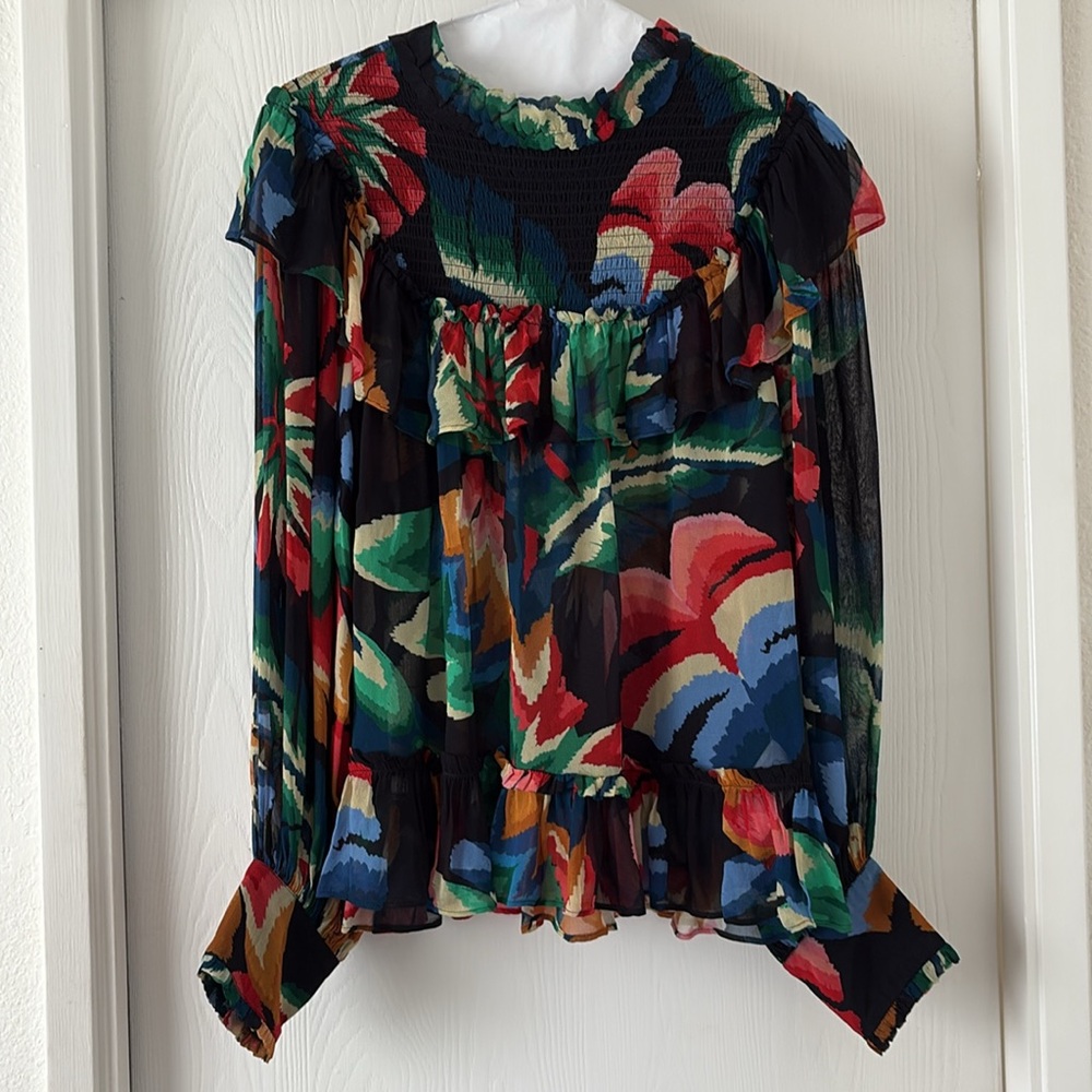 FARM Rio Black Floral Ruffled Long-Sleeve Blouse